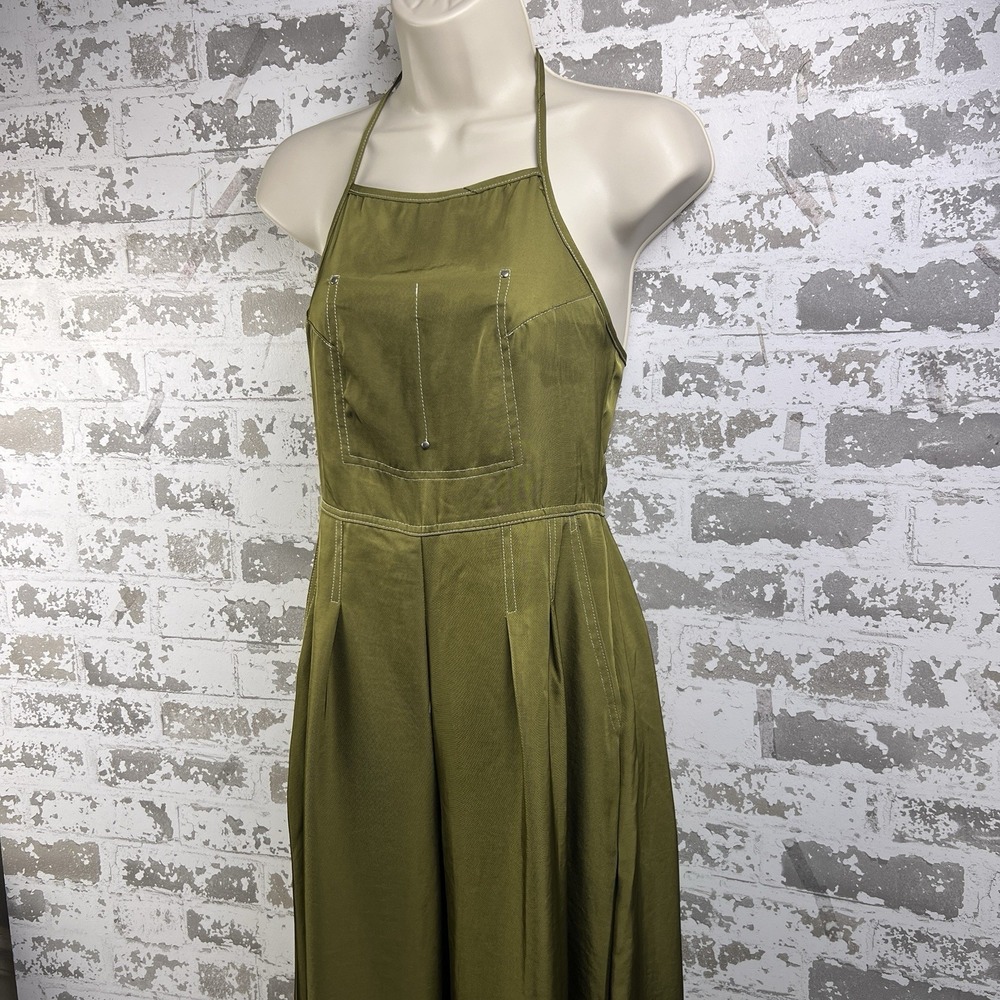 Olive Green Halter Jumpsuit Sz XS Cropped Wide Leg Open Back Minimalist Utility